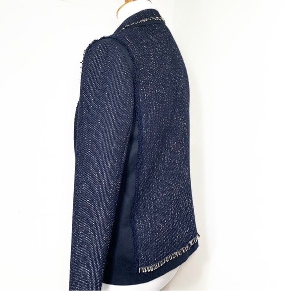 Vince Navy Blue Fringe Tweed Long Sleeve Open Front Blazer Jacket Size Small - Picture 6 of 14